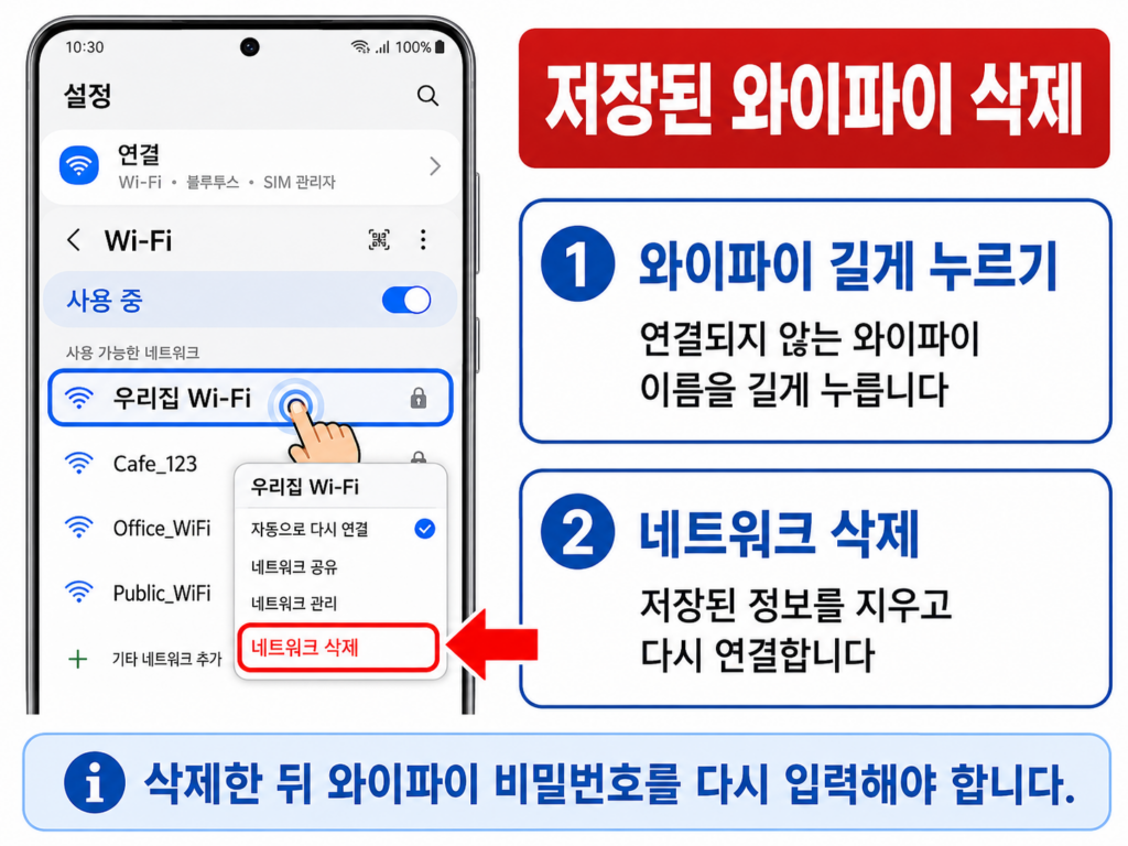 갤럭시에서 저장된 와이파이 네트워크를 삭제하는 화면