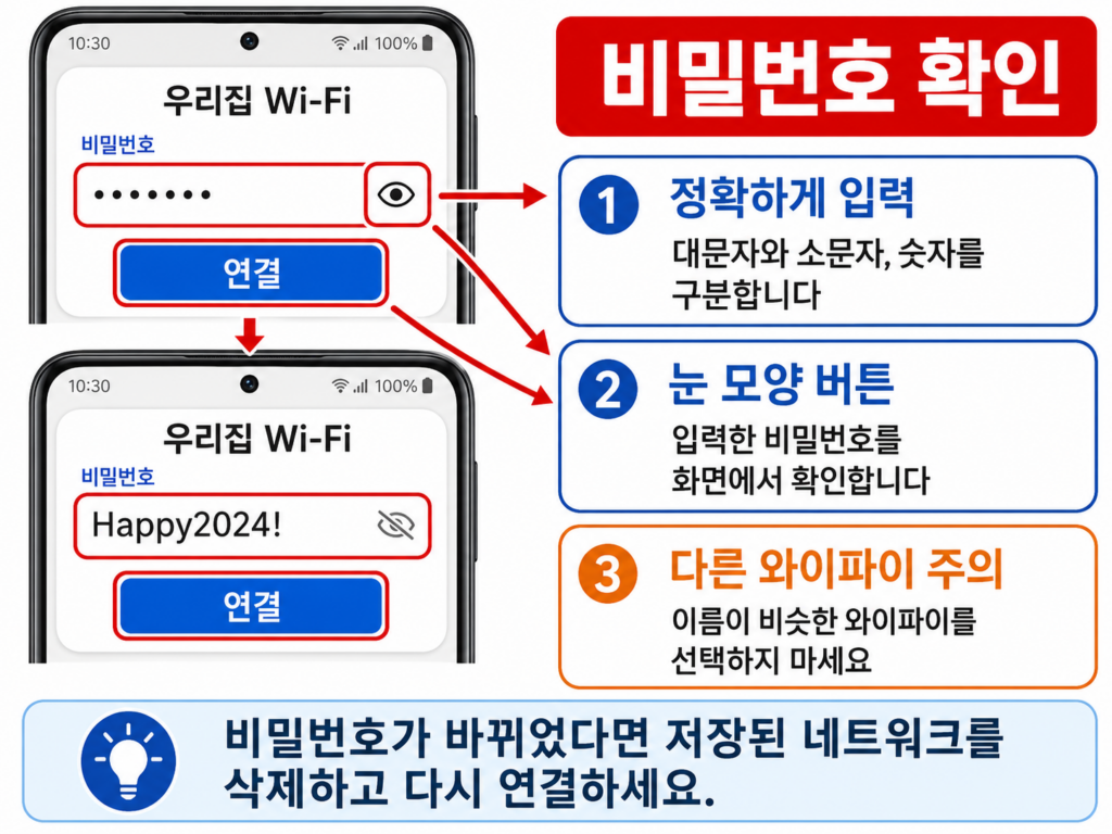 갤럭시 와이파이 비밀번호를 확인하고 다시 입력하는 화면