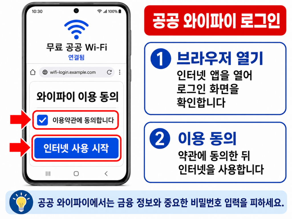 공공 와이파이 연결 후 로그인과 이용 동의를 확인하는 화면