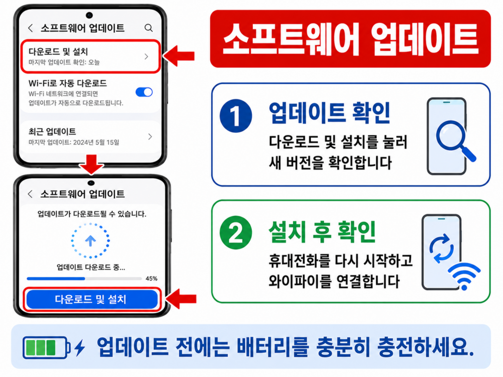 갤럭시 소프트웨어 업데이트를 확인하는 화면