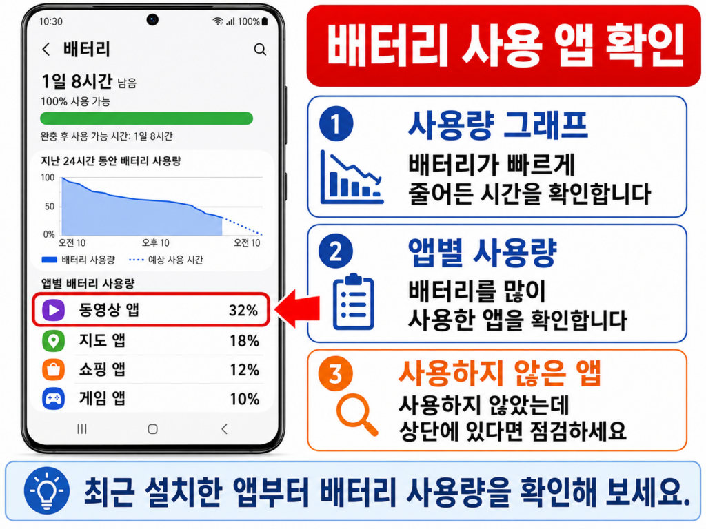 갤럭시에서 배터리 사용량이 많은 앱을 확인하는 화면