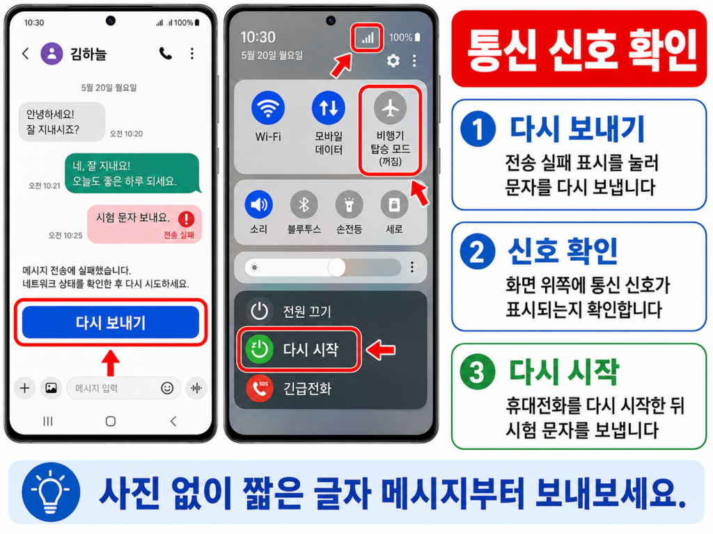 갤럭시 문자 전송 실패 메시지를 다시 보내고 통신 신호를 확인하는 화면