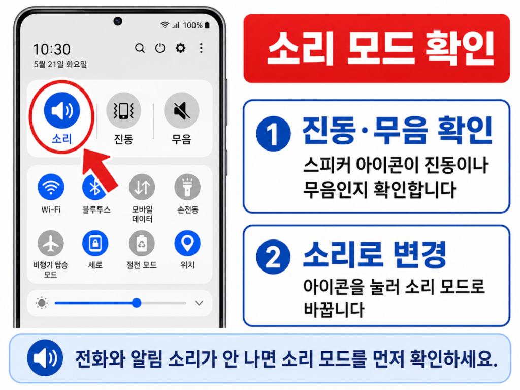갤럭시 빠른 설정창에서 소리 모드로 변경하는 화면