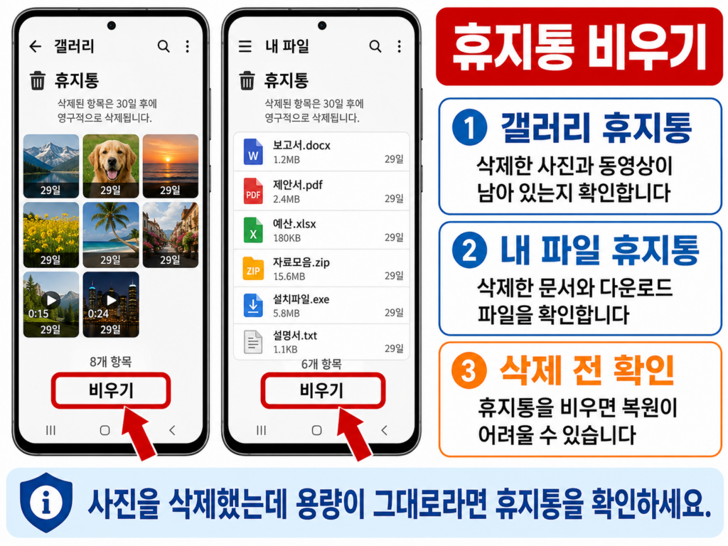 갤럭시 갤러리와 내 파일의 휴지통을 비우는 화면