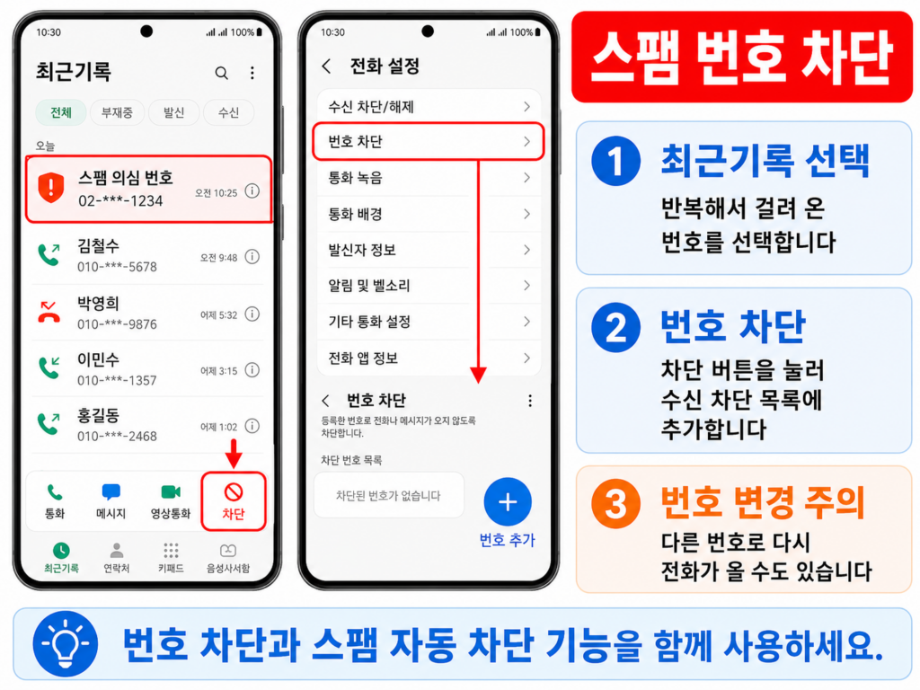 갤럭시 최근 통화목록에서 스팸 전화번호를 차단하는 화면
