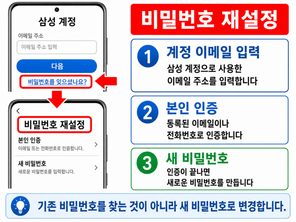 삼성 계정에서 비밀번호 재설정을 선택하는 화면