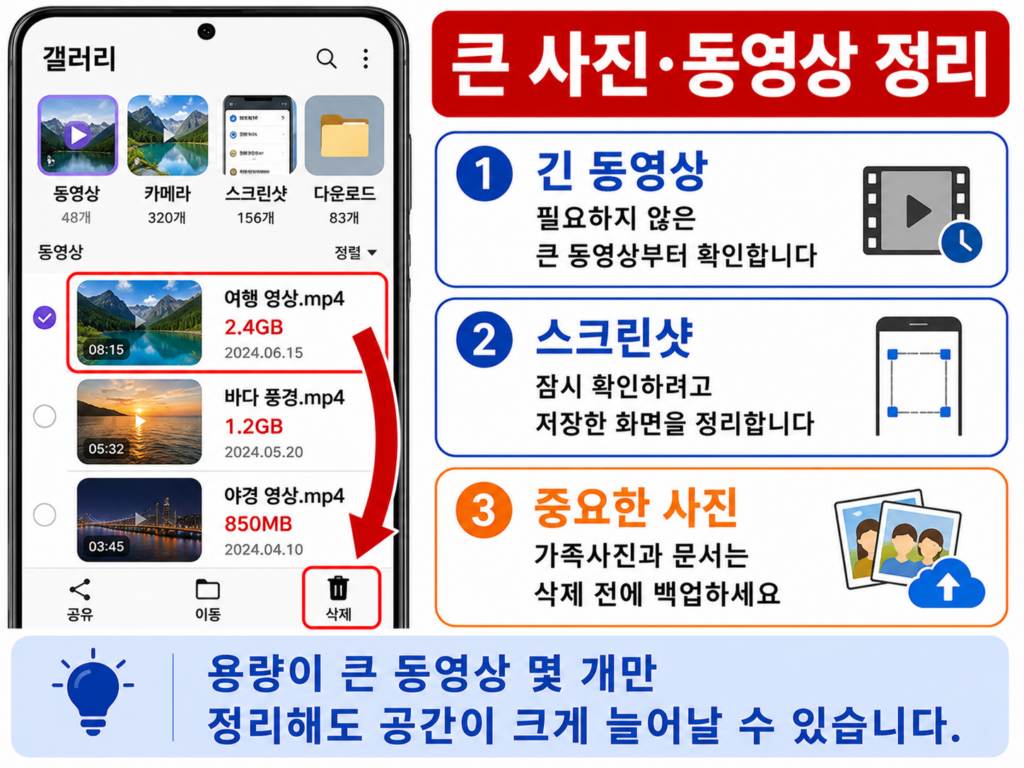 갤럭시에서 용량이 큰 동영상과 불필요한 사진을 삭제하는 화면