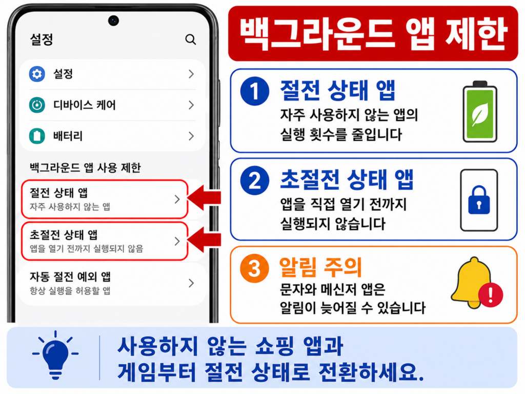 갤럭시에서 사용하지 않는 앱의 백그라운드 실행을 제한하는 화면