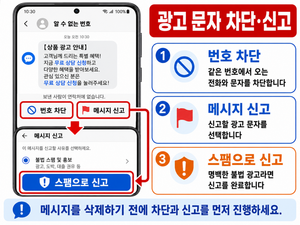 삼성 메시지에서 광고 문자를 차단하고 스팸 신고하는 화면