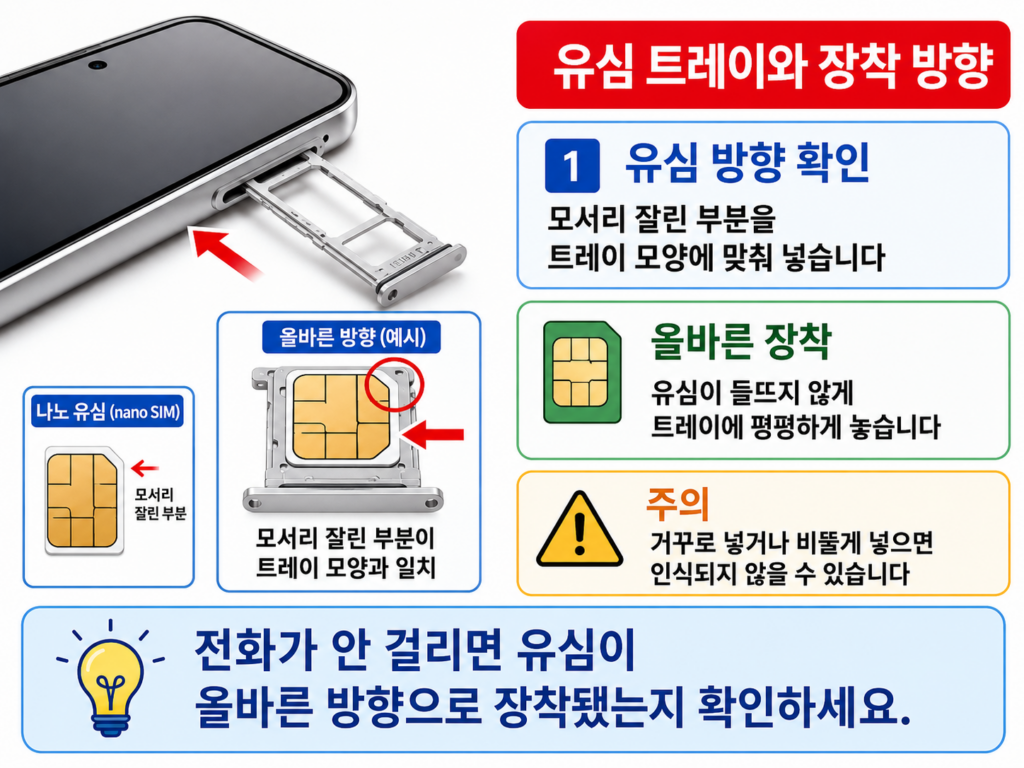 유심 트레이와 유심 카드 장착 방향