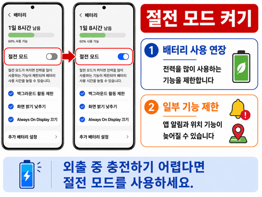 갤럭시 배터리 절전 모드를 켜는 화면