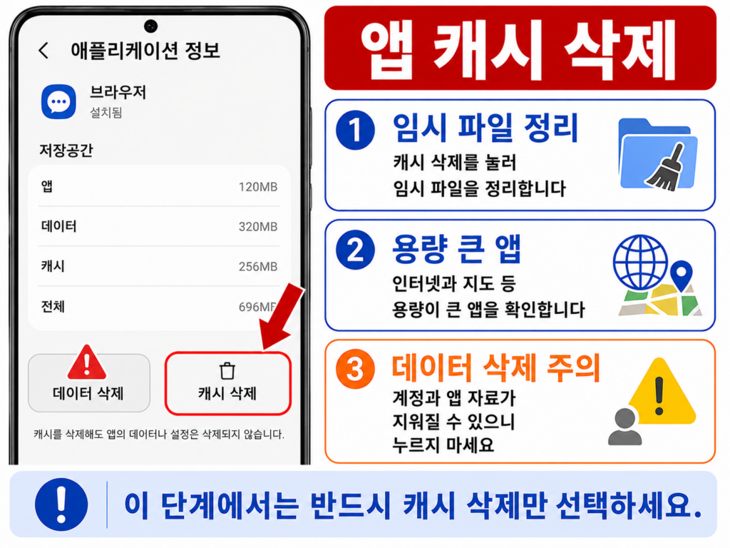 갤럭시 앱 저장공간에서 캐시 삭제 버튼을 누르는 화면