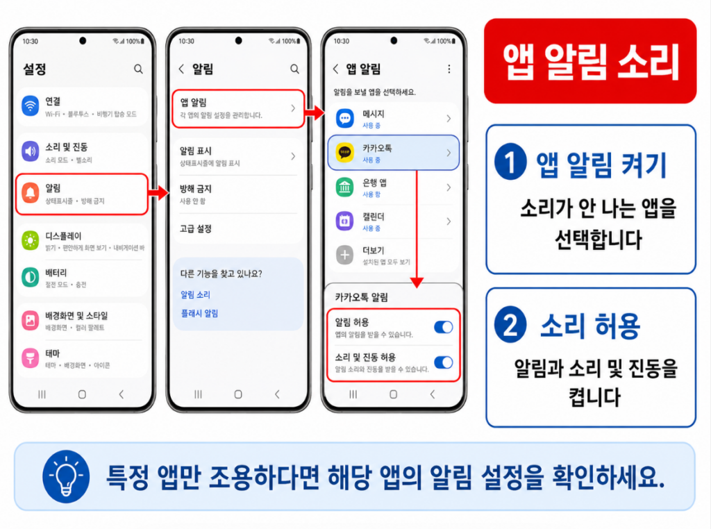 갤럭시 앱 알림에서 소리와 진동을 허용하는 화면