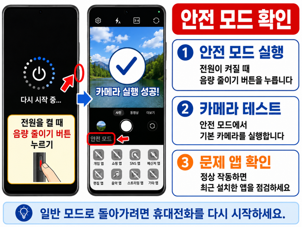 갤럭시 안전 모드에서 카메라 앱을 실행하는 화면