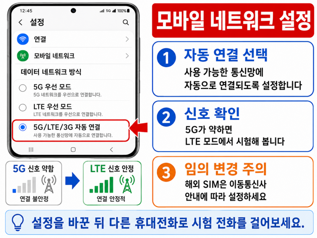 모바일 네트워크에서 자동 연결 방식을 선택하는 화면