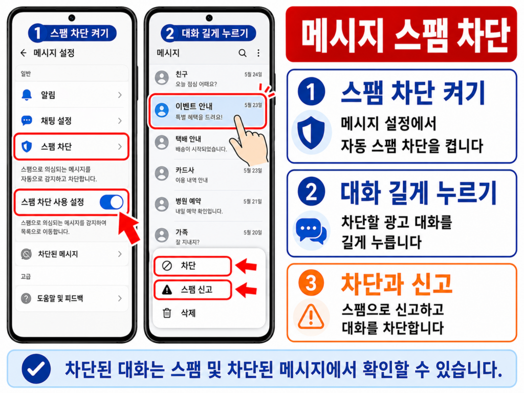 Google 메시지에서 스팸 차단과 신고를 설정하는 화면
