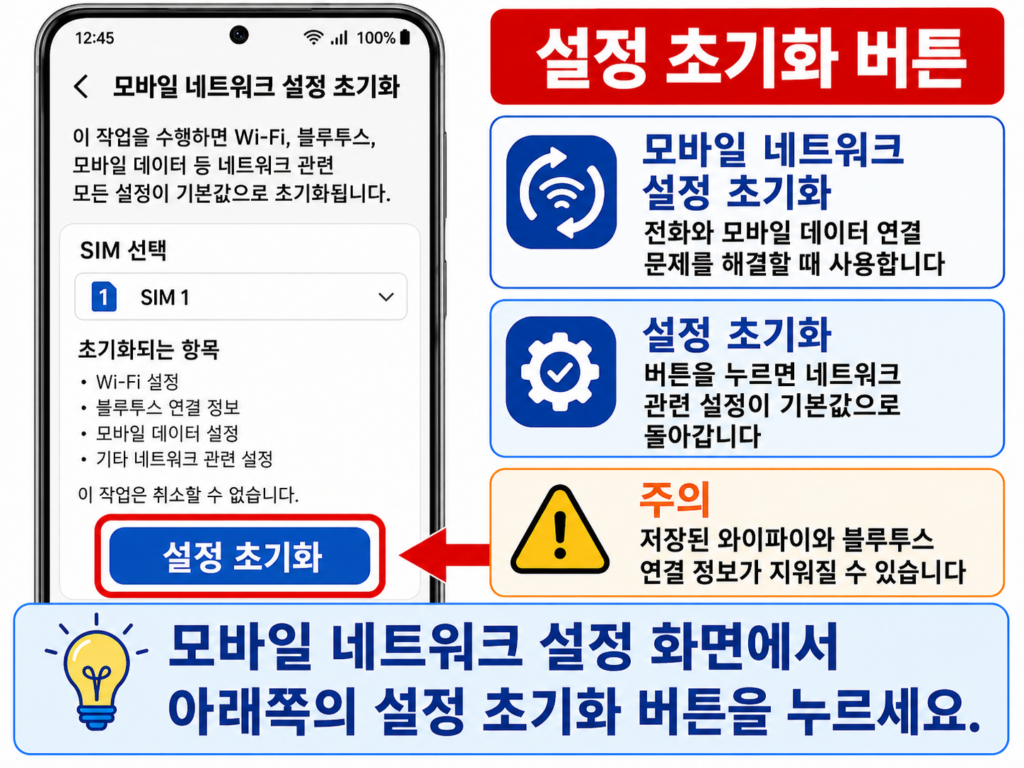 모바일 네트워크 설정 초기화 버튼
