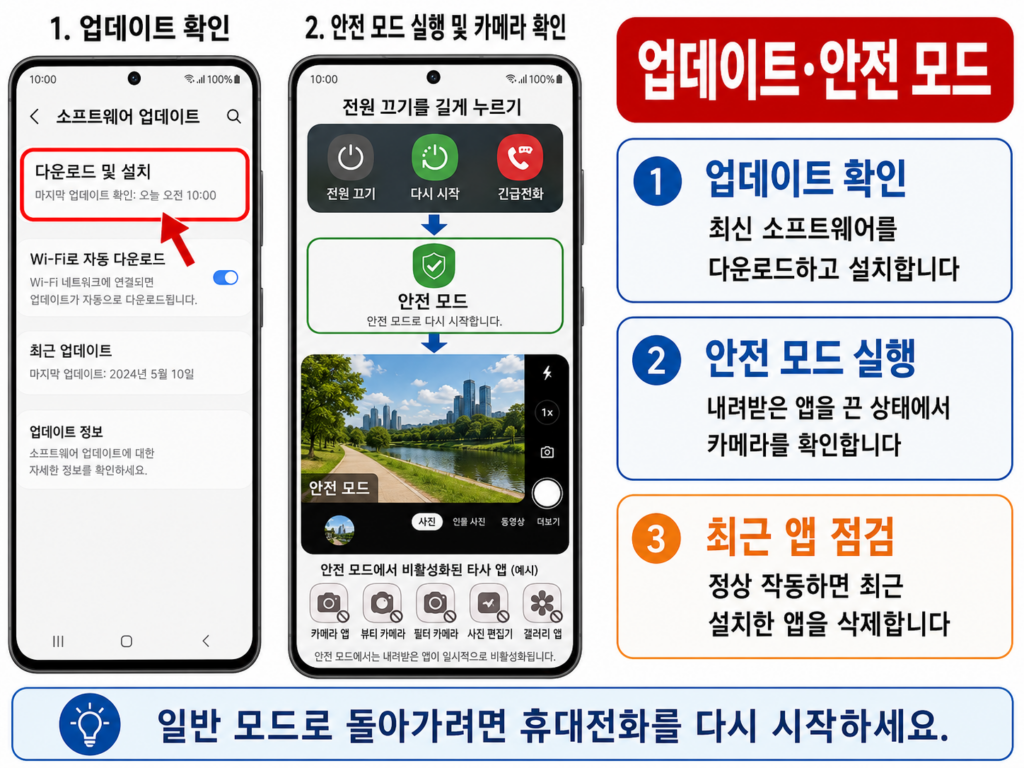 갤럭시 소프트웨어 업데이트와 안전 모드 카메라 확인 방법