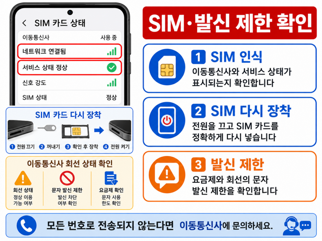 갤럭시 SIM 인식과 이동통신사 문자 발신 제한을 확인하는 화면