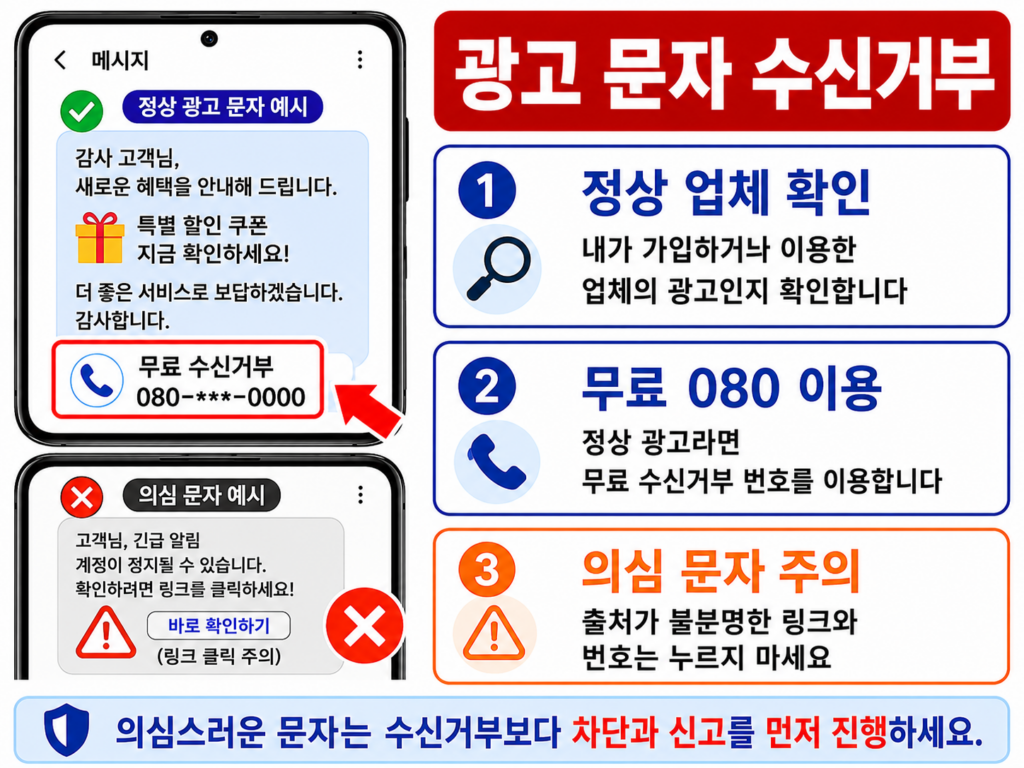 광고 문자에서 무료 수신거부 번호를 확인하는 화면
