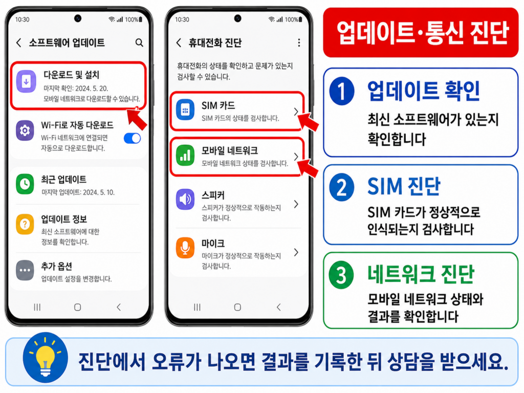 소프트웨어 업데이트와 Samsung Members 모바일 네트워크 진단 화면