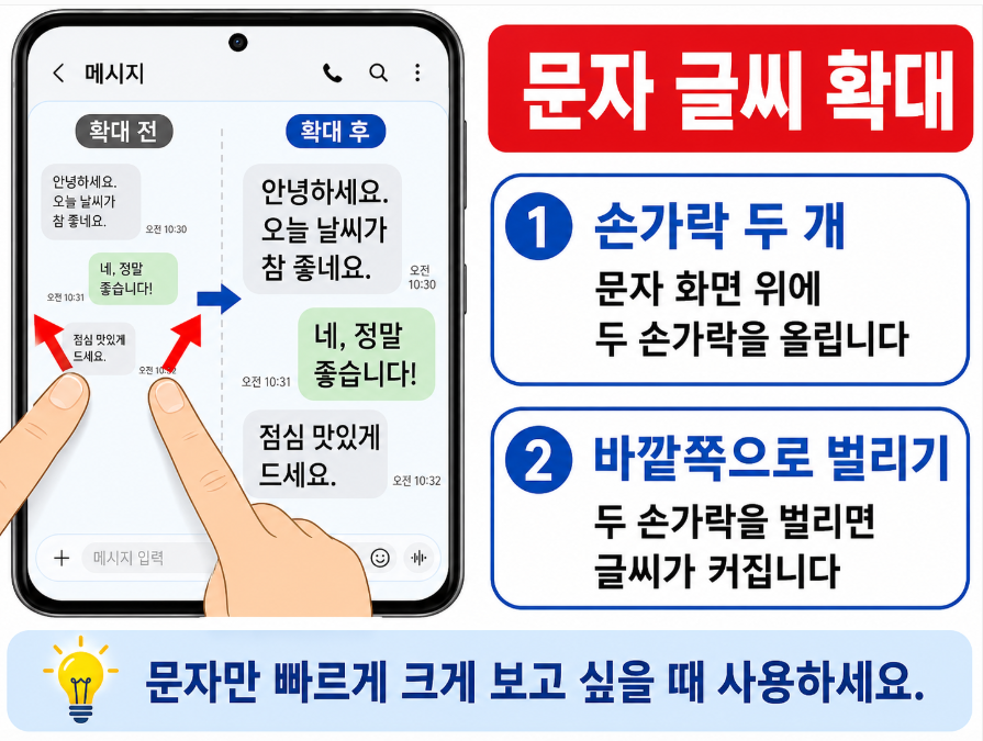 갤럭시 문자 화면에서 두 손가락으로 글씨를 확대하는 방법