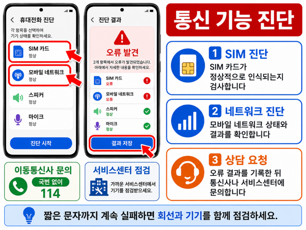 갤럭시 SIM과 모바일 네트워크를 진단하고 상담받는 화면