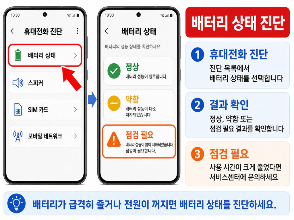 Samsung Members에서 갤럭시 배터리 상태를 진단하는 화면