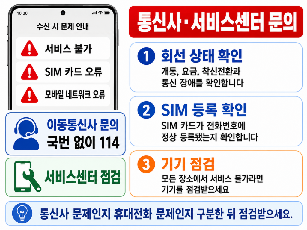 이동통신사 114 문의와 서비스센터 점검이 필요한 상황
