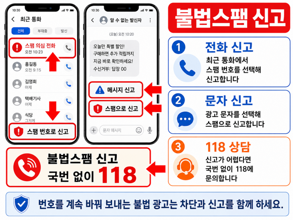 갤럭시에서 스팸 전화와 문자를 KISA에 신고하는 화면