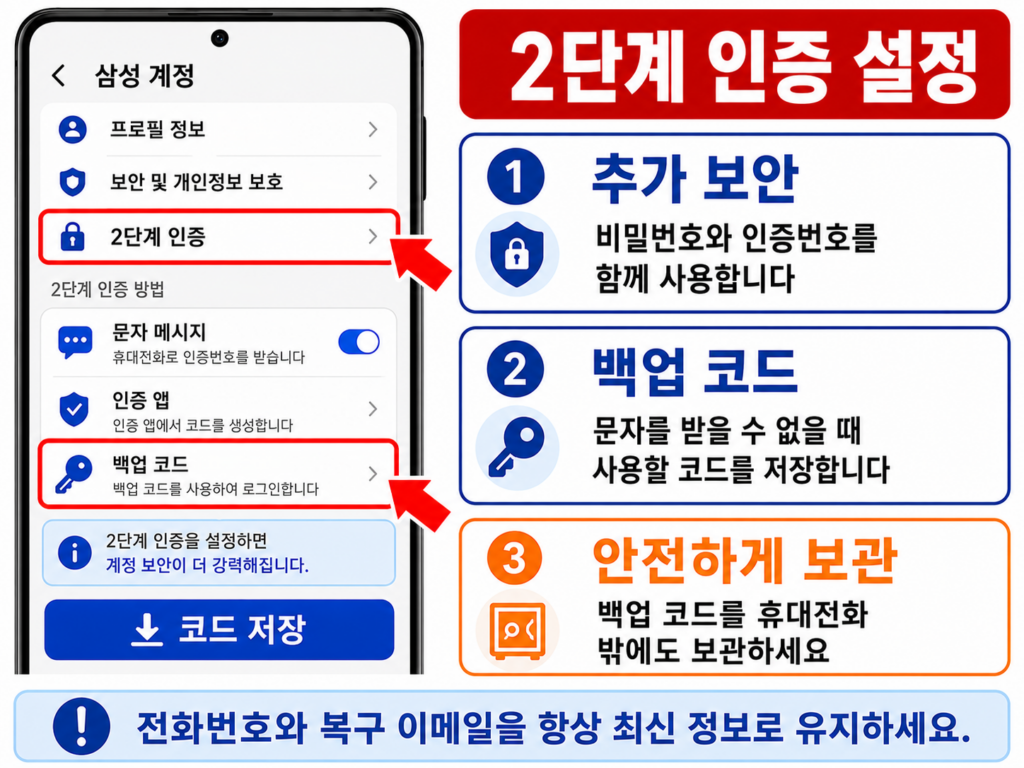 삼성 계정 2단계 인증과 백업 코드를 설정하는 화면