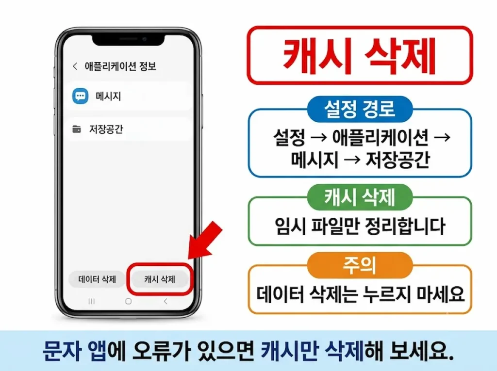 메시지 앱 저장공간의 캐시 삭제 버튼