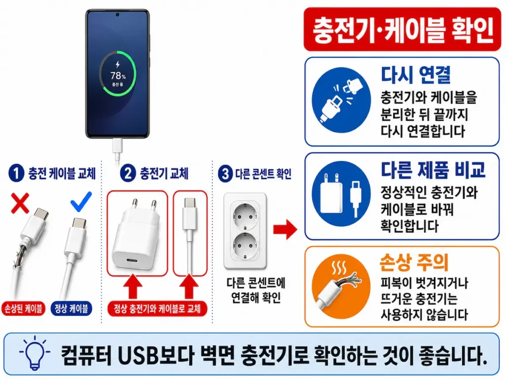 갤럭시 충전기와 USB 케이블을 바꿔 확인하는 방법