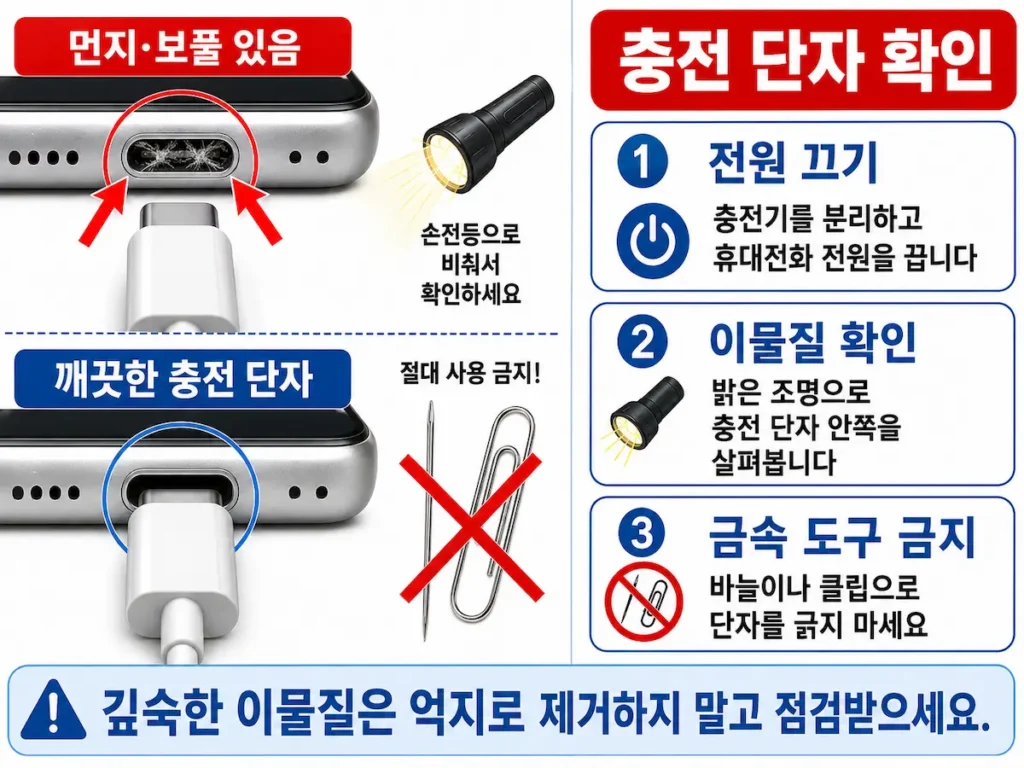 갤럭시 충전 단자의 먼지와 이물질을 확인하는 방법