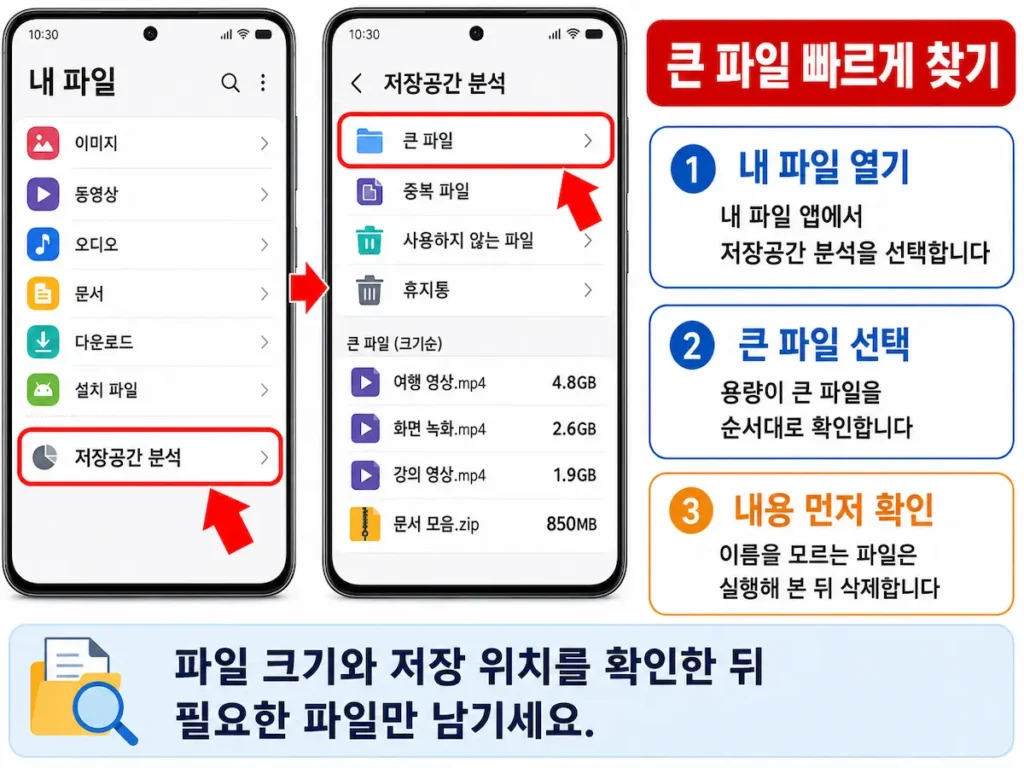 갤럭시 내 파일의 저장공간 분석에서 큰 파일을 찾는 화면
