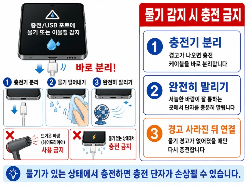 갤럭시 충전 단자 물기 감지 시 건조하는 방법