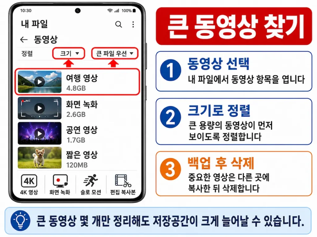 갤럭시에서 동영상을 용량이 큰 순서로 정렬하는 화면