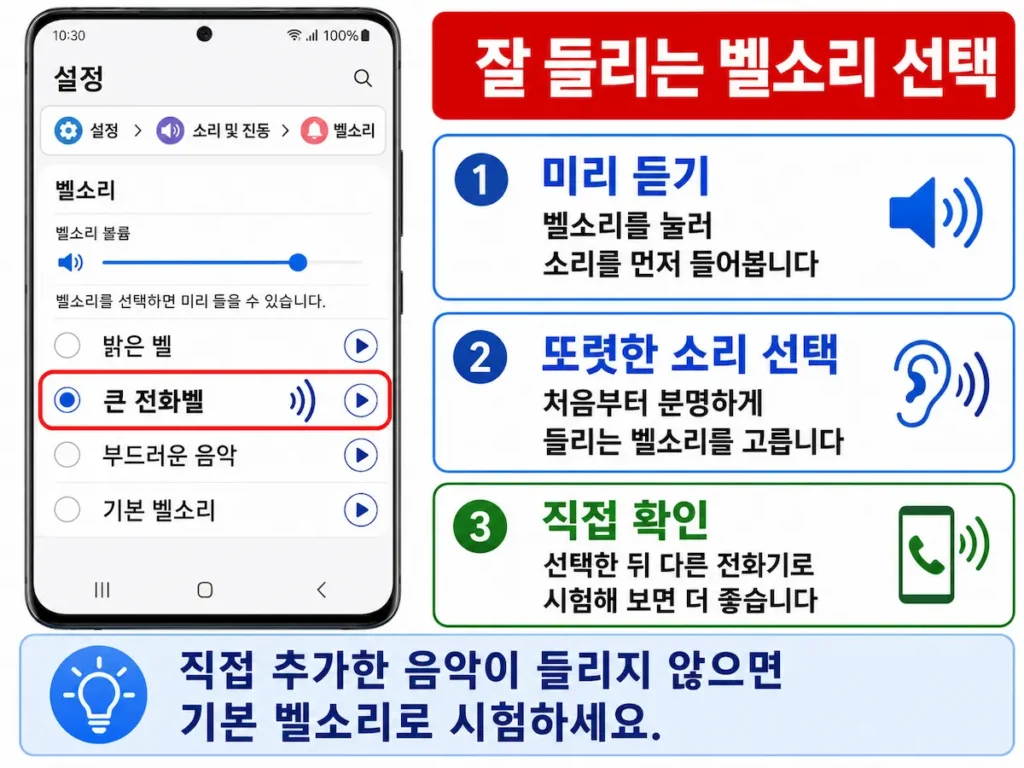 갤럭시에서 잘 들리는 벨소리를 선택하는 화면