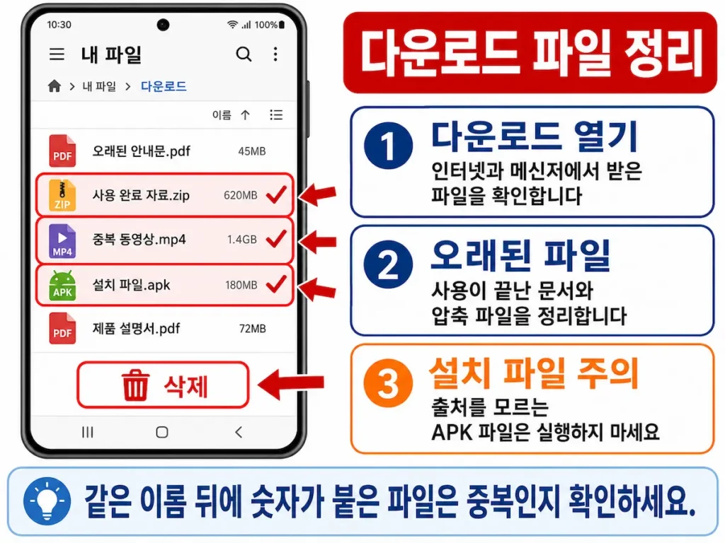 갤럭시 내 파일에서 오래된 다운로드 파일을 정리하는 화면