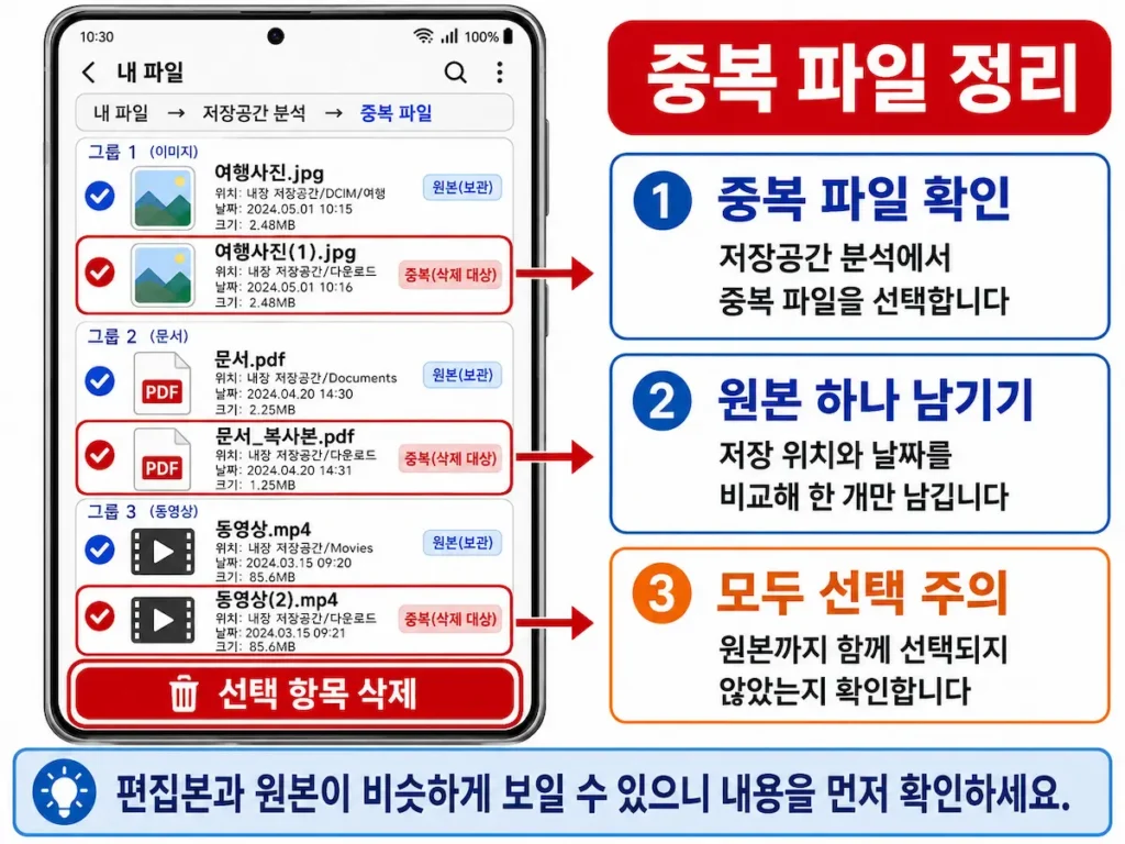갤럭시 저장공간 분석에서 중복 파일을 찾아 정리하는 화면