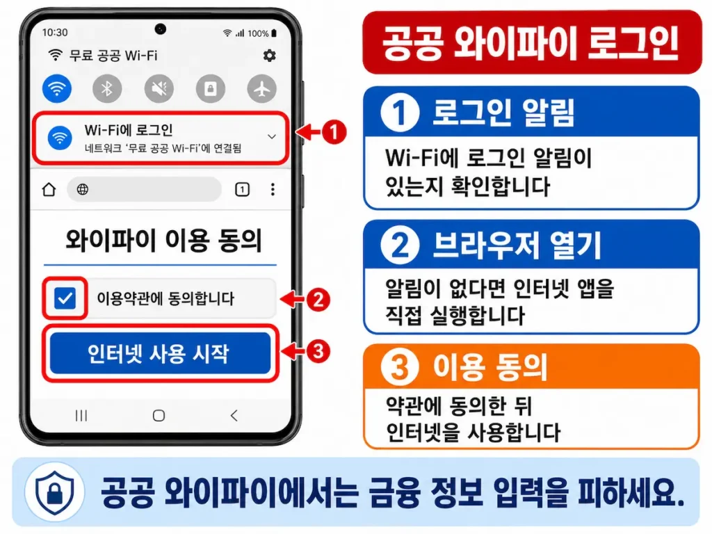 갤럭시 브라우저에서 공공 와이파이 로그인을 완료하는 화면