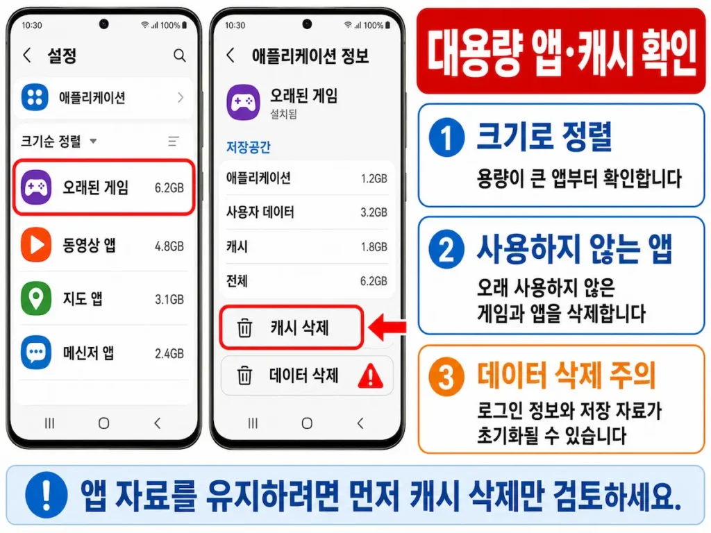 갤럭시에서 용량이 큰 앱을 찾고 앱 캐시를 삭제하는 화면