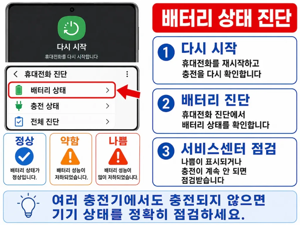 갤럭시 휴대전화 진단에서 배터리 상태를 확인하는 화면
