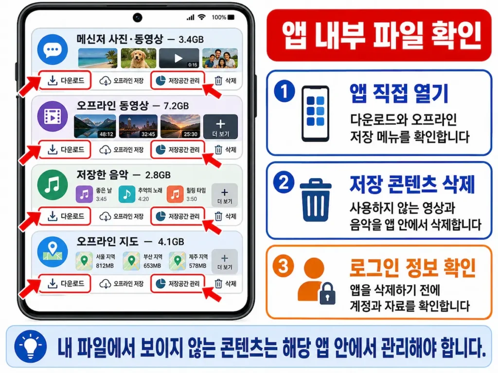 갤럭시 앱 내부의 오프라인 동영상과 음악 저장공간을 확인하는 화면
