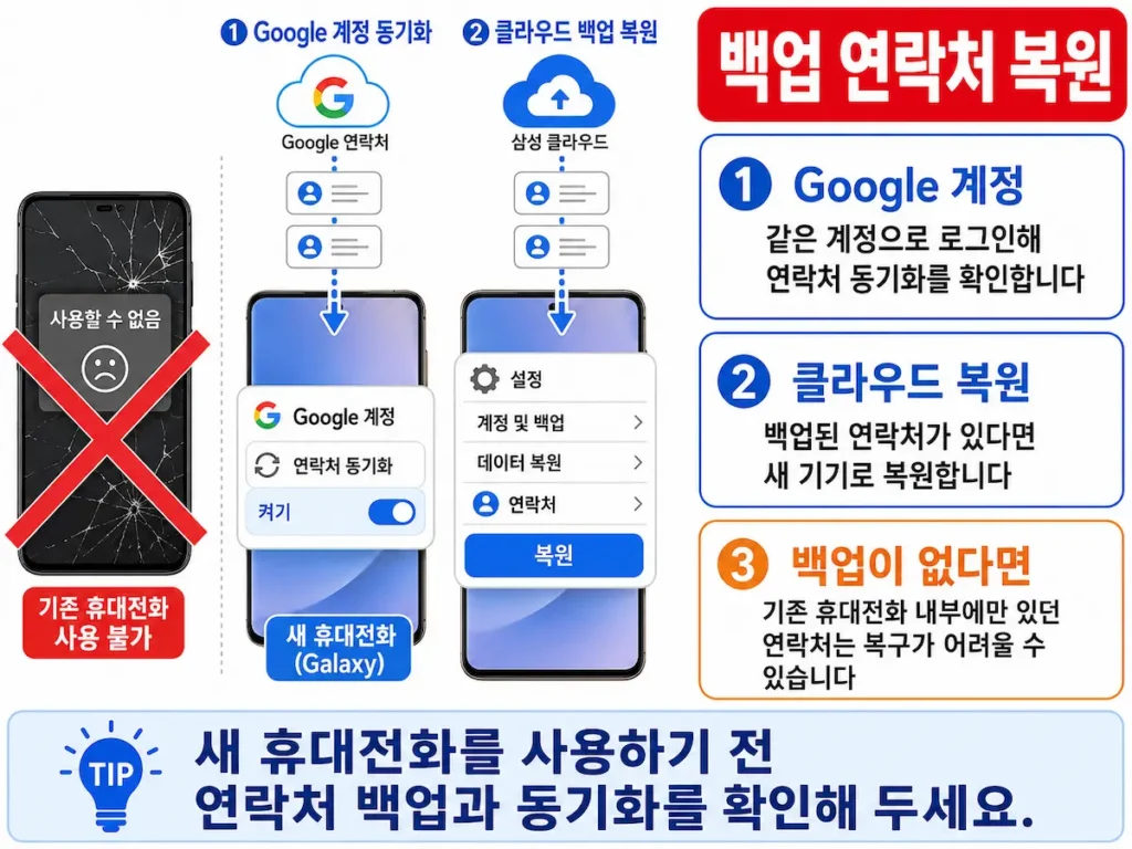 새 갤럭시에서 Google 계정과 삼성 클라우드 연락처를 복원하는 화면