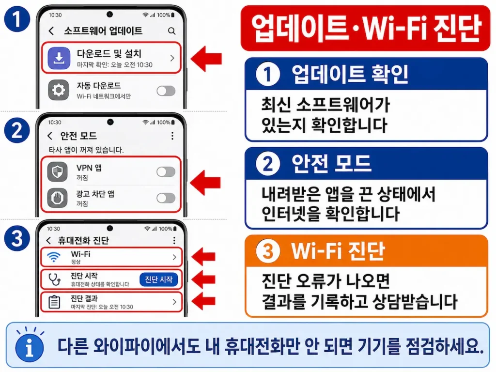 갤럭시 소프트웨어 업데이트와 Wi-Fi 진단 화면