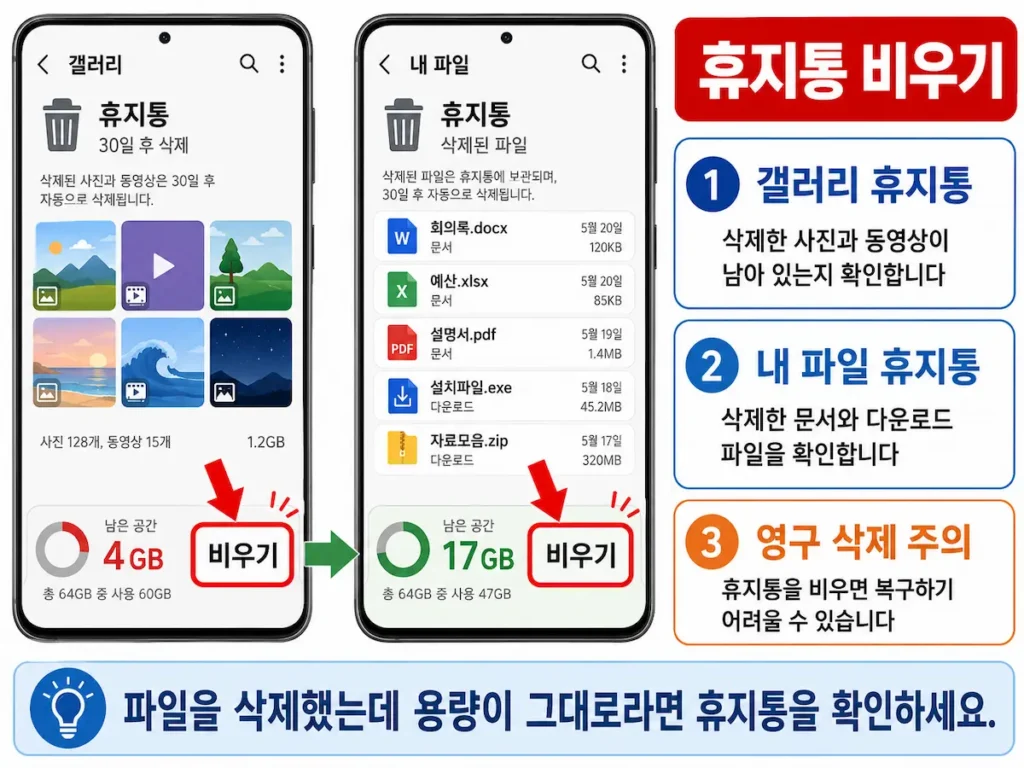 갤럭시 갤러리와 내 파일의 휴지통을 비우는 화면